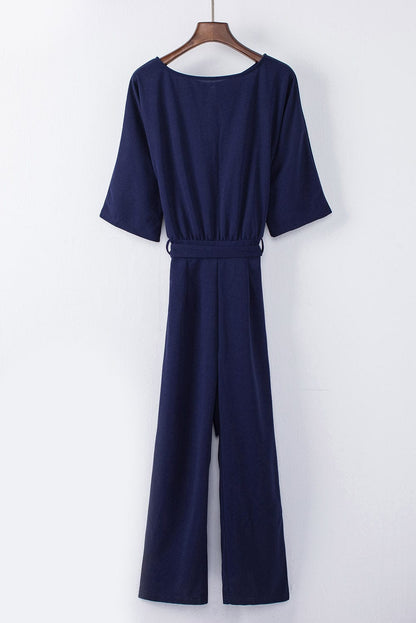 Solid Five-Point Sleeve Belted Wide-Leg Jumpsuit