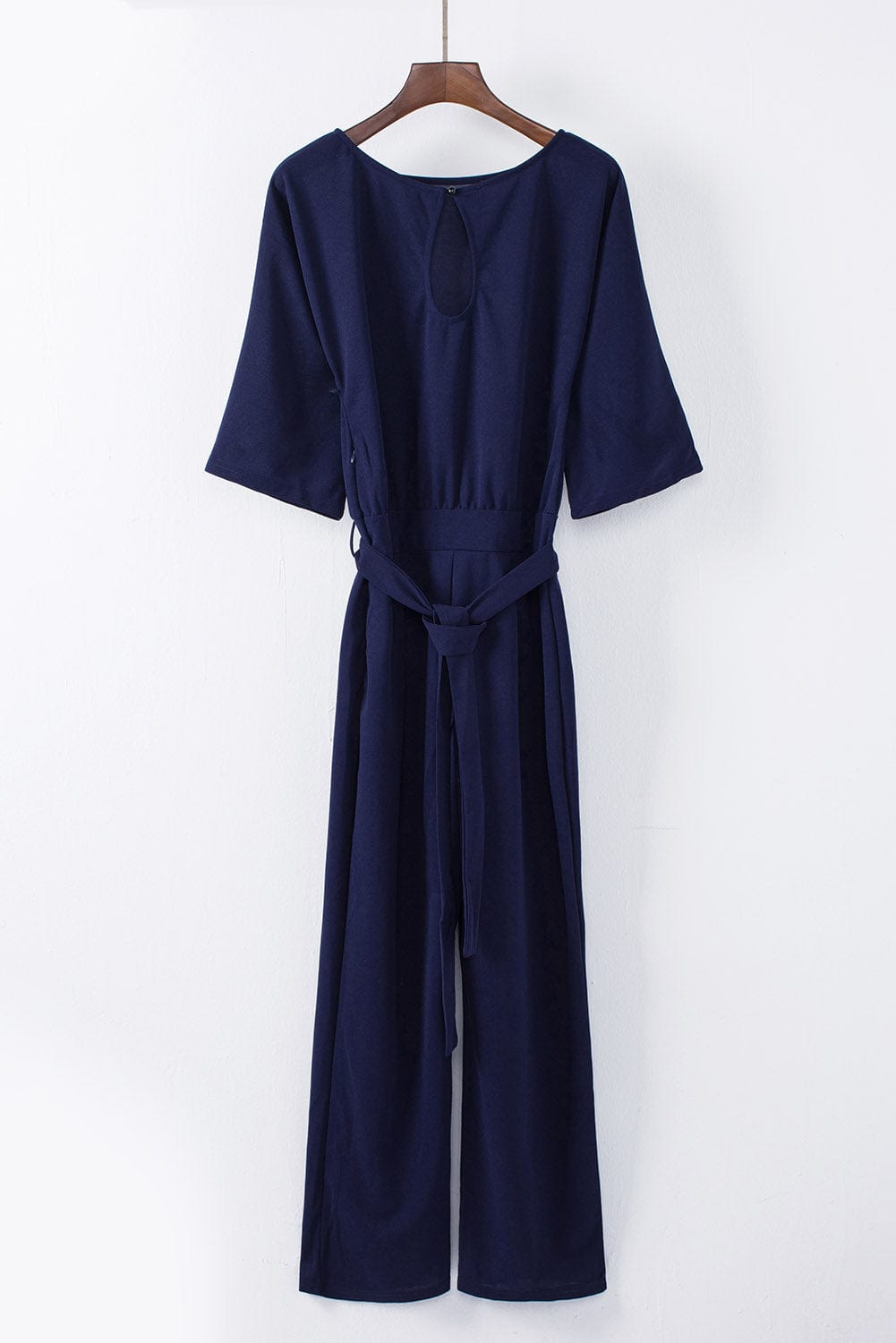 Solid Five-Point Sleeve Belted Wide-Leg Jumpsuit