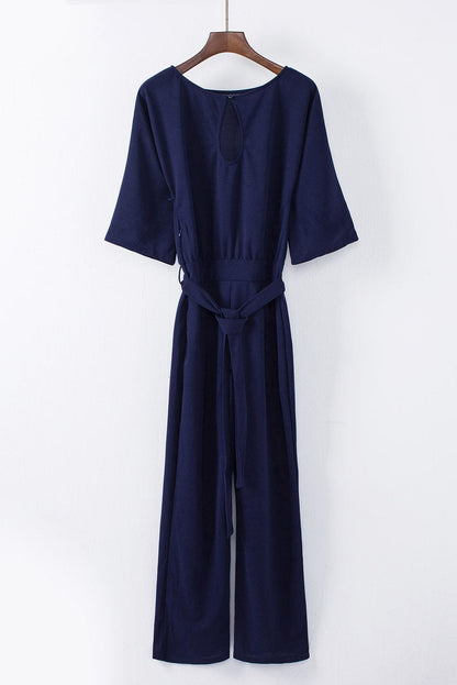 Solid Five-Point Sleeve Belted Wide-Leg Jumpsuit