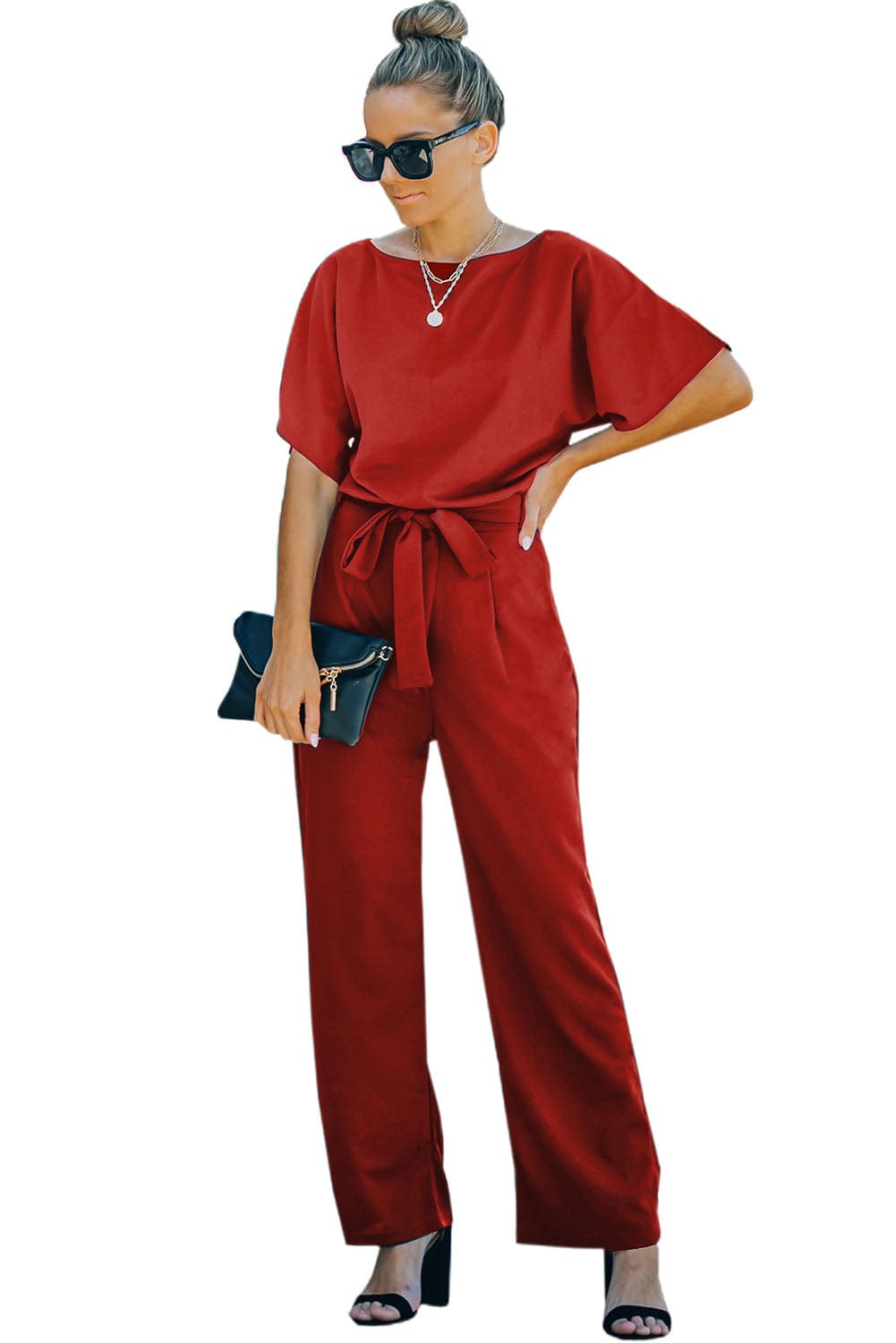 Solid Five-Point Sleeve Belted Wide-Leg Jumpsuit