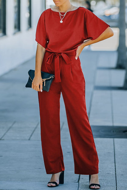Solid Five-Point Sleeve Belted Wide-Leg Jumpsuit
