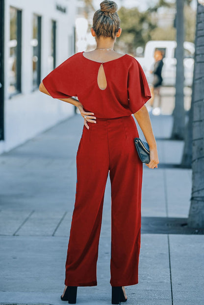 Solid Five-Point Sleeve Belted Wide-Leg Jumpsuit