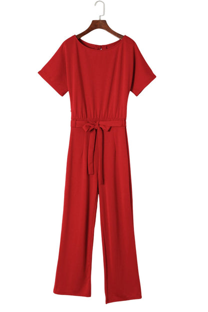 Solid Five-Point Sleeve Belted Wide-Leg Jumpsuit