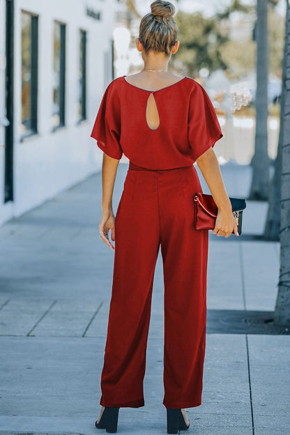 Solid Five-Point Sleeve Belted Wide-Leg Jumpsuit