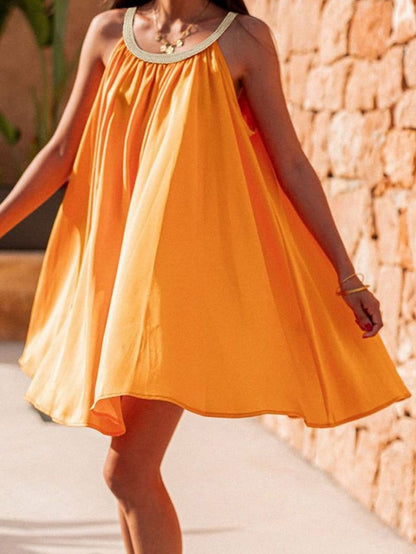 Solid Halter Neck Open Back Sleeveless Dress