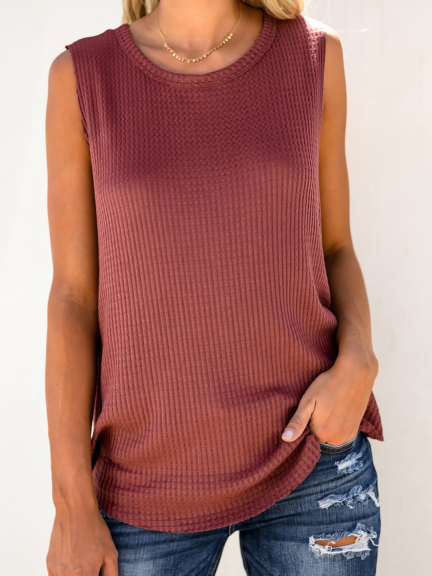 Tank Tops - Solid Round Neck Sleeveless Top Vest - MsDressly