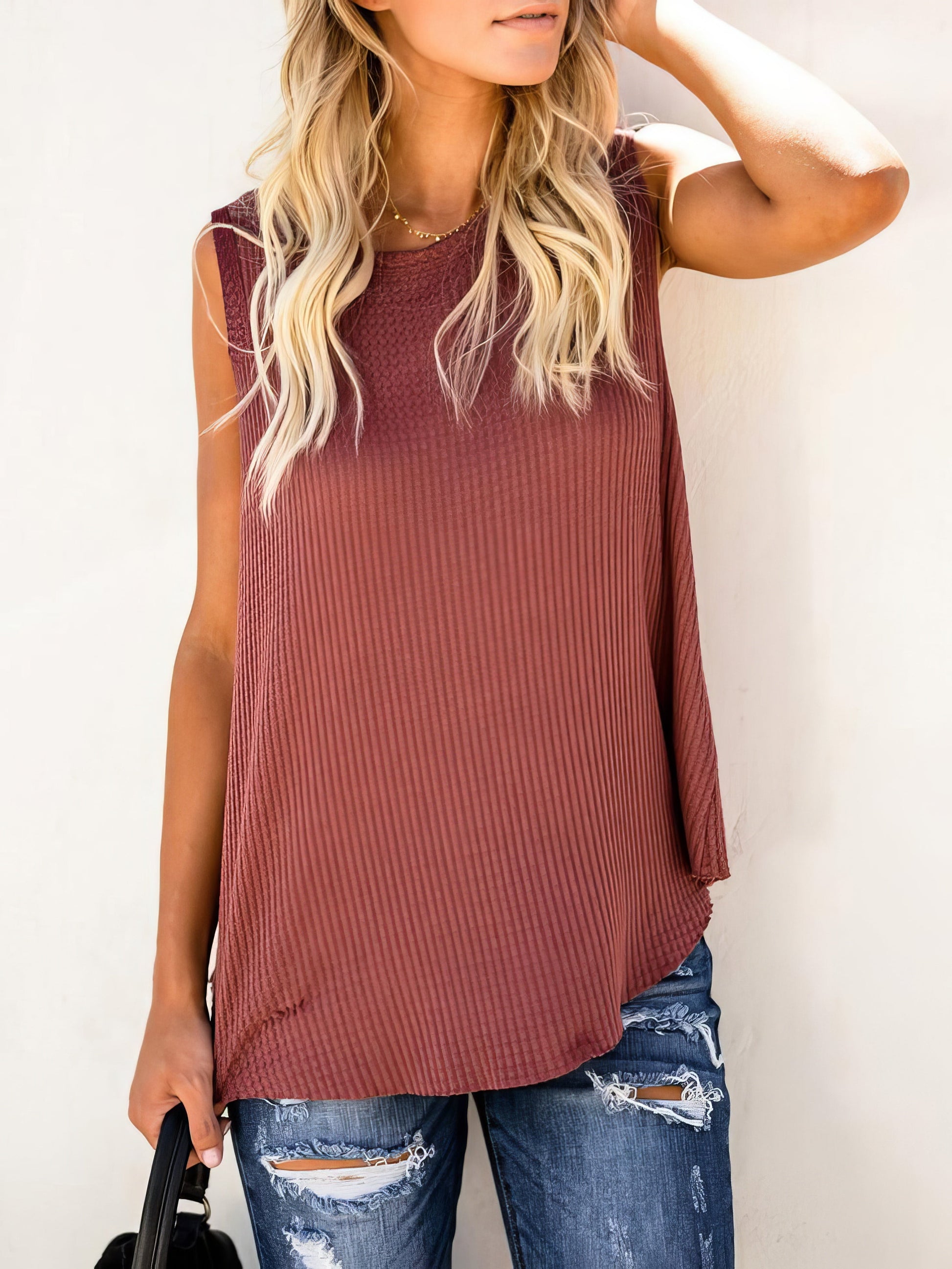 Tank Tops - Solid Round Neck Sleeveless Top Vest - MsDressly