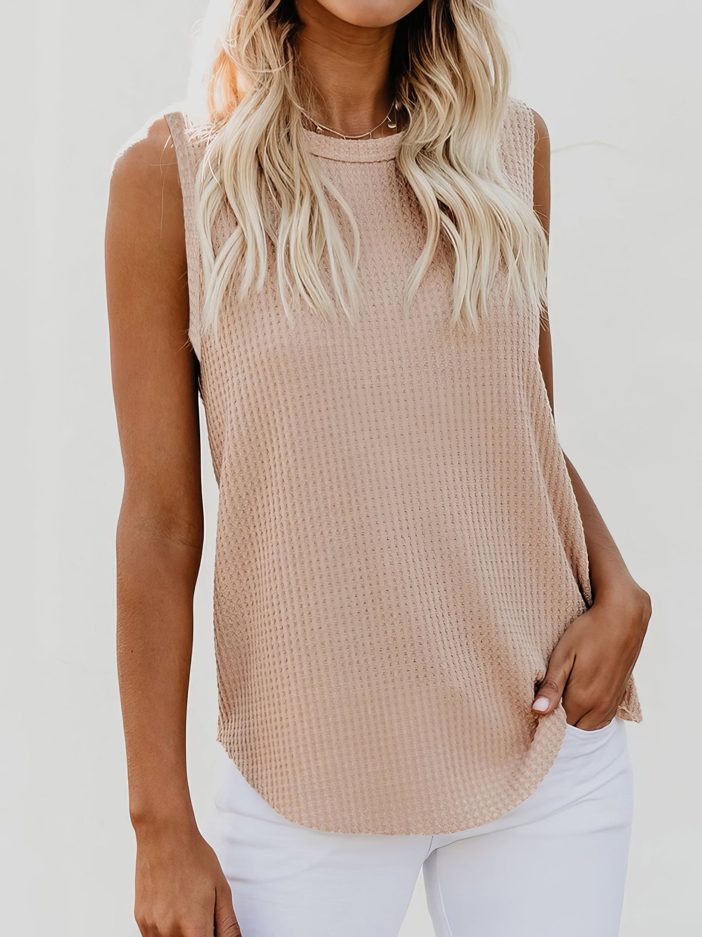 Tank Tops - Solid Round Neck Sleeveless Top Vest - MsDressly