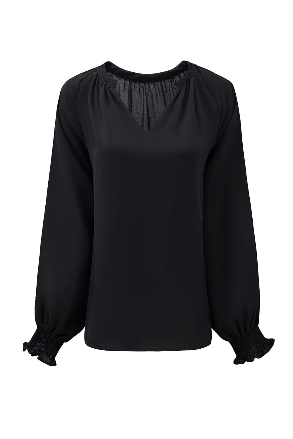 Solid Ruffled V-Neck Long Sleeve Blouse
