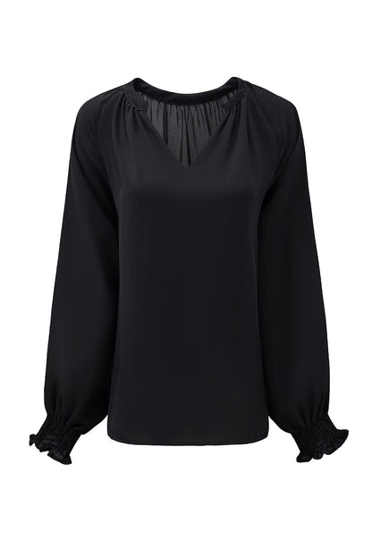 Solid Ruffled V-Neck Long Sleeve Blouse
