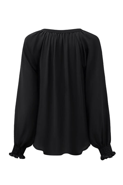 Solid Ruffled V-Neck Long Sleeve Blouse