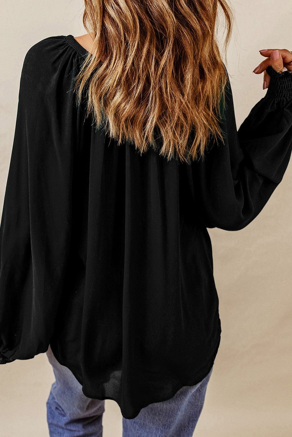 Solid Ruffled V-Neck Long Sleeve Blouse