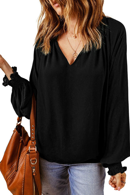 Solid Ruffled V-Neck Long Sleeve Blouse