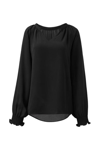 Solid Ruffled V-Neck Long Sleeve Blouse