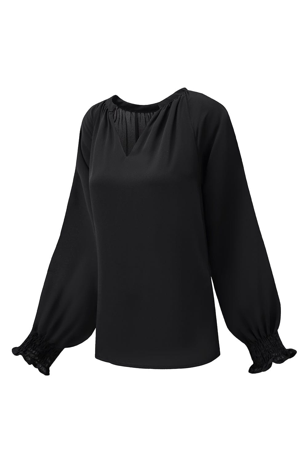 Solid Ruffled V-Neck Long Sleeve Blouse