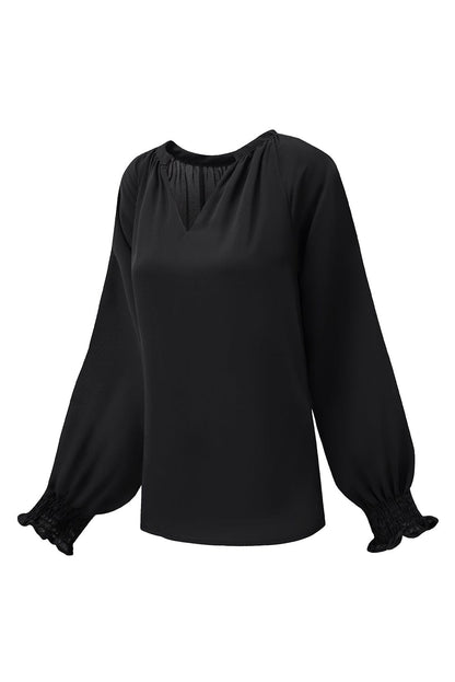 Solid Ruffled V-Neck Long Sleeve Blouse