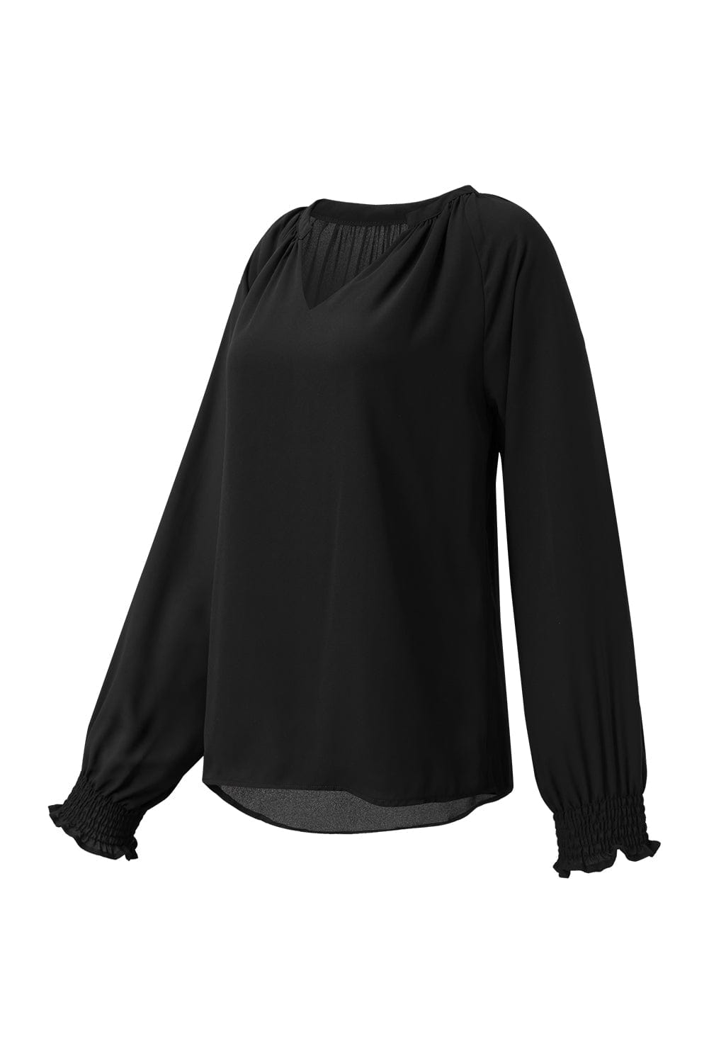 Solid Ruffled V-Neck Long Sleeve Blouse