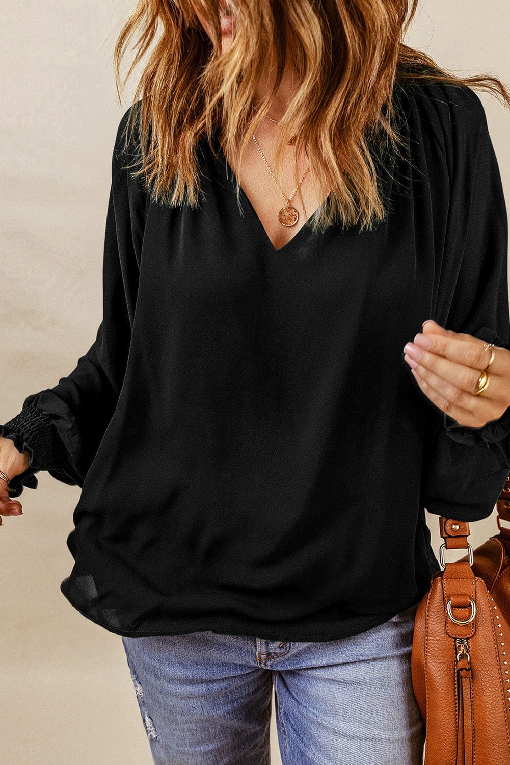 Solid Ruffled V-Neck Long Sleeve Blouse