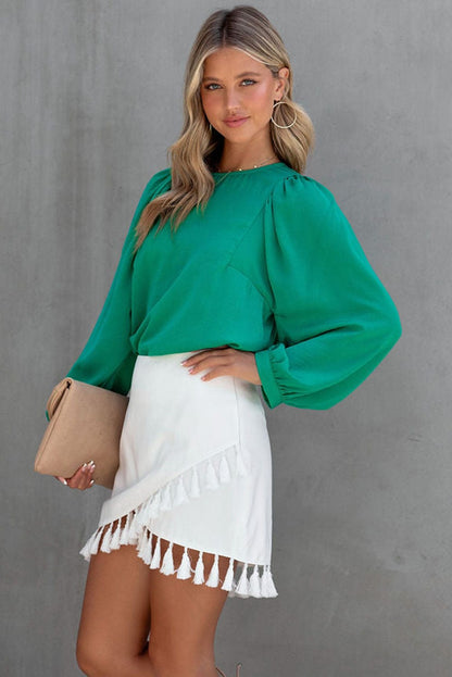 Solid Ruffled V-Neck Long Sleeve Blouse