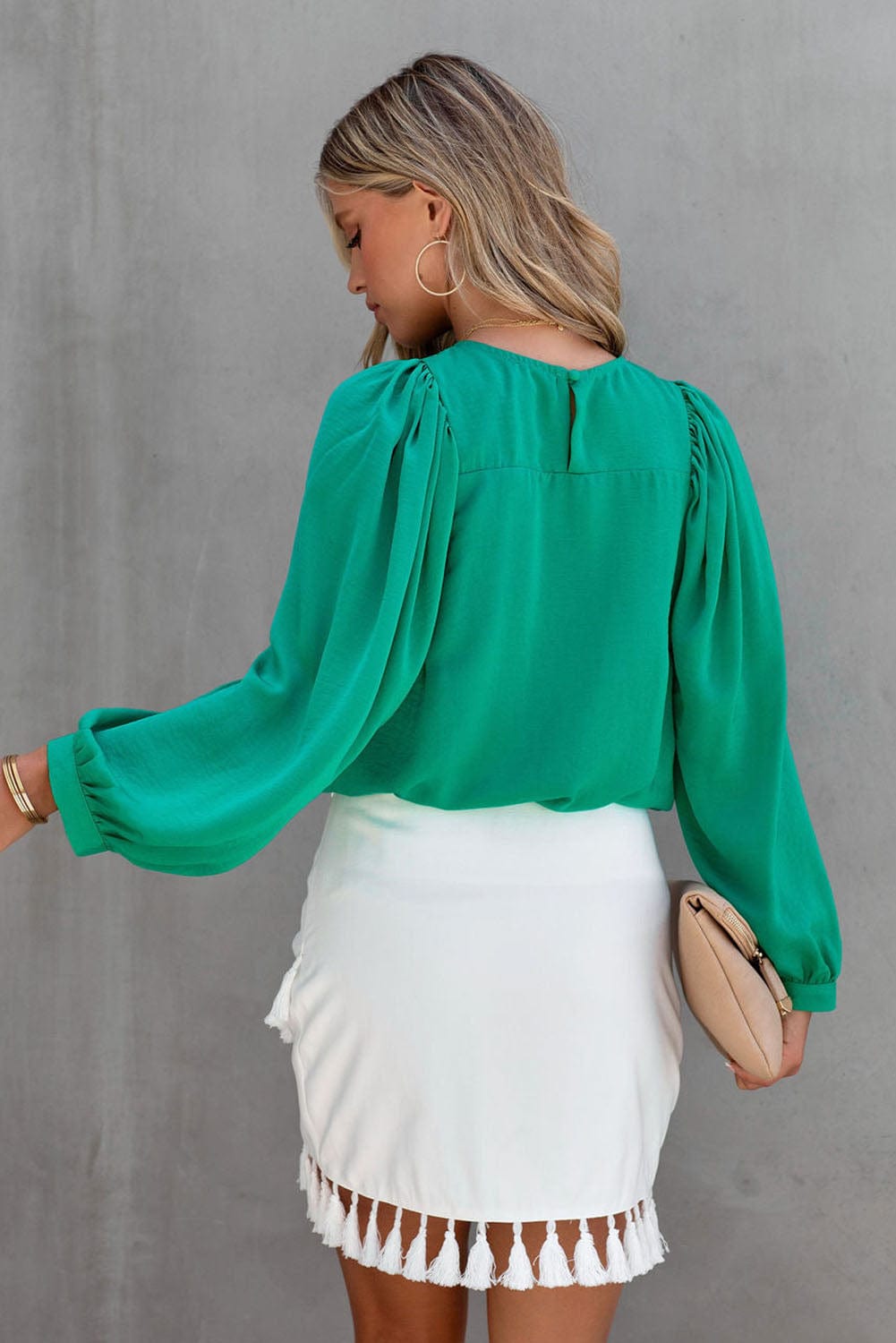 Solid Ruffled V-Neck Long Sleeve Blouse