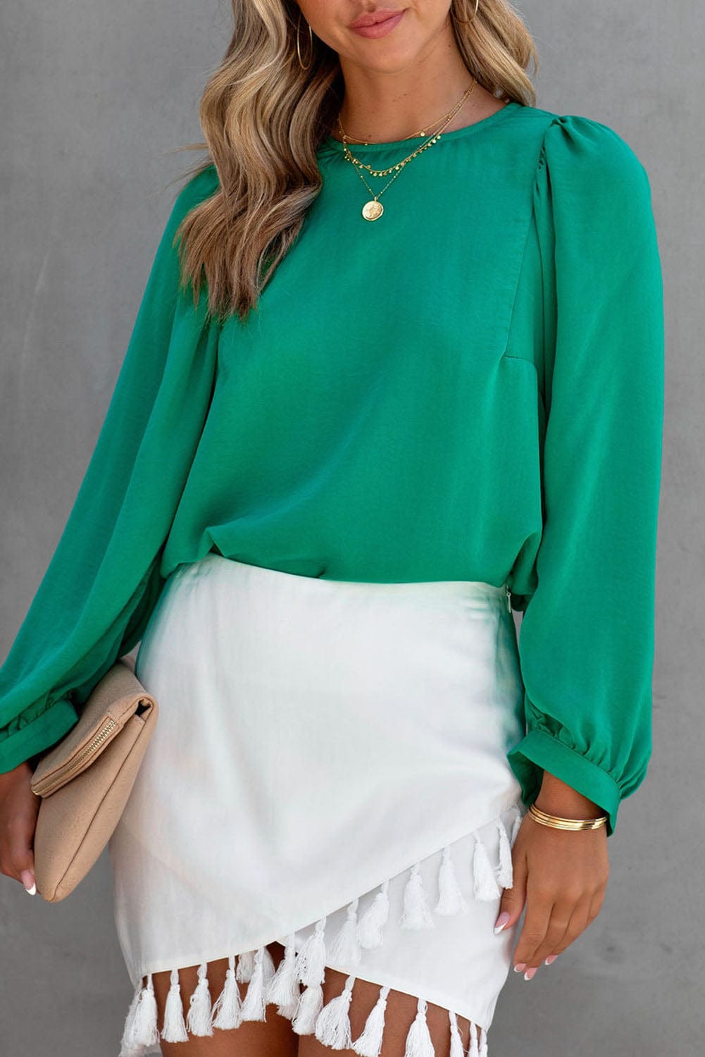 Solid Ruffled V-Neck Long Sleeve Blouse