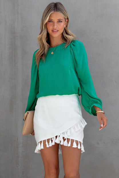 Solid Ruffled V-Neck Long Sleeve Blouse