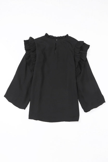 Solid Ruffled V-Neck Long Sleeve Blouse