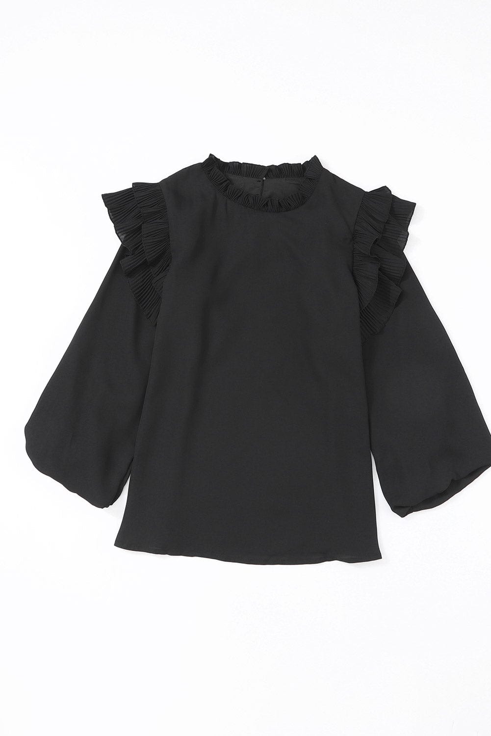 Solid Ruffled V-Neck Long Sleeve Blouse