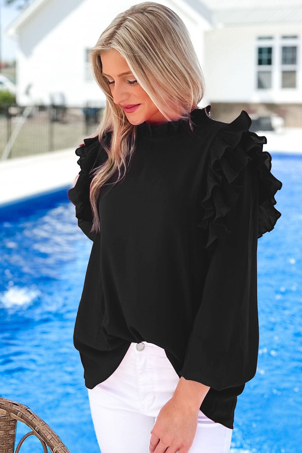 Solid Ruffled V-Neck Long Sleeve Blouse