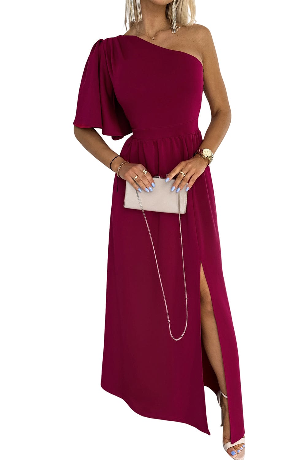Solid Sloping Shoulder Slit Dress