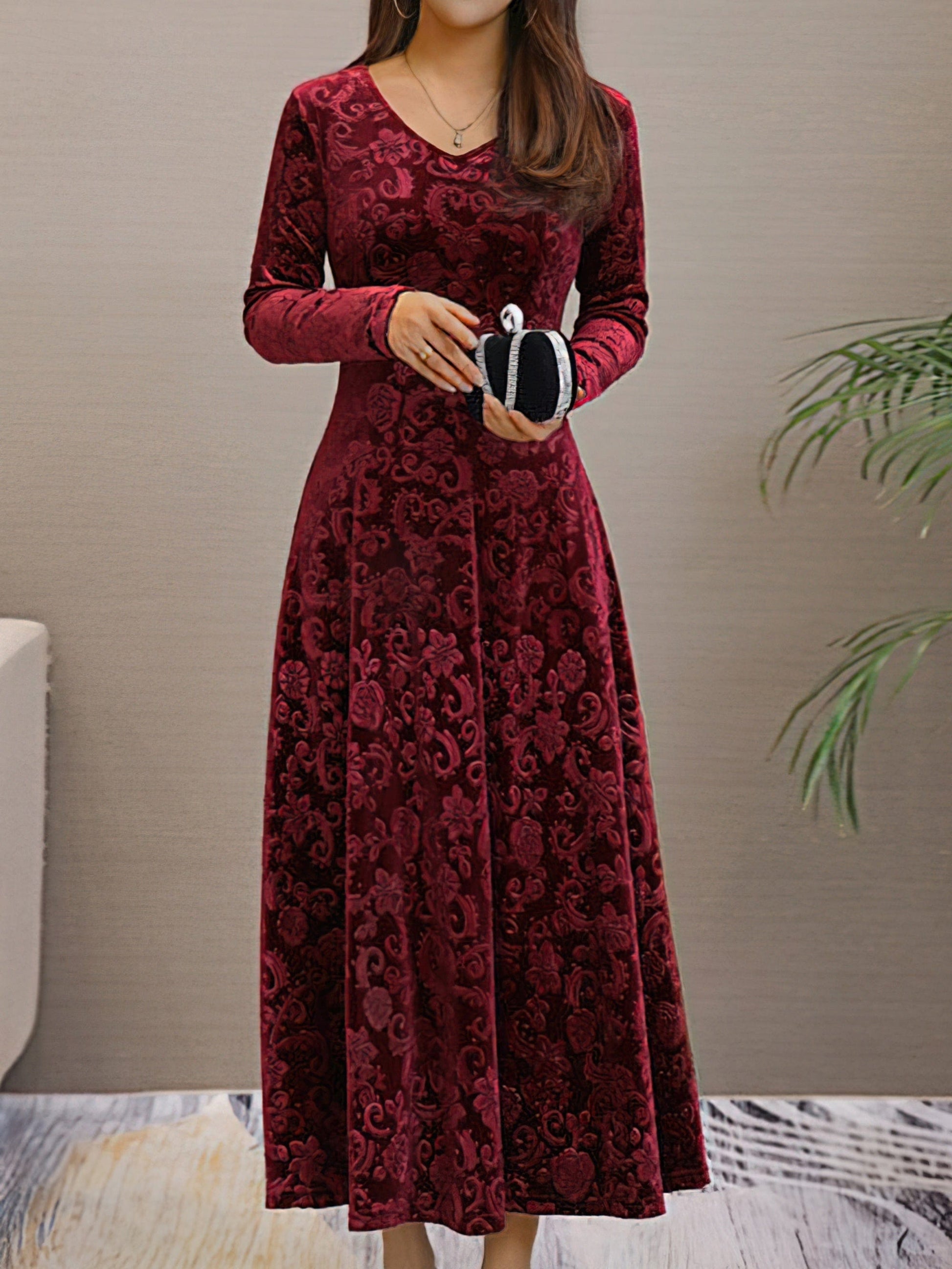 Solid Stylish V-Neck Flared Long Sleeve Maxi Dress