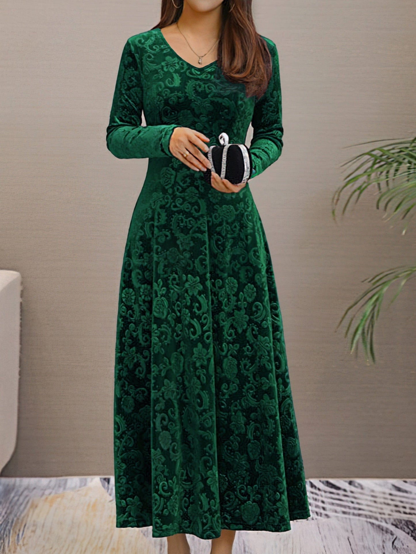 Solid Stylish V-Neck Flared Long Sleeve Maxi Dress