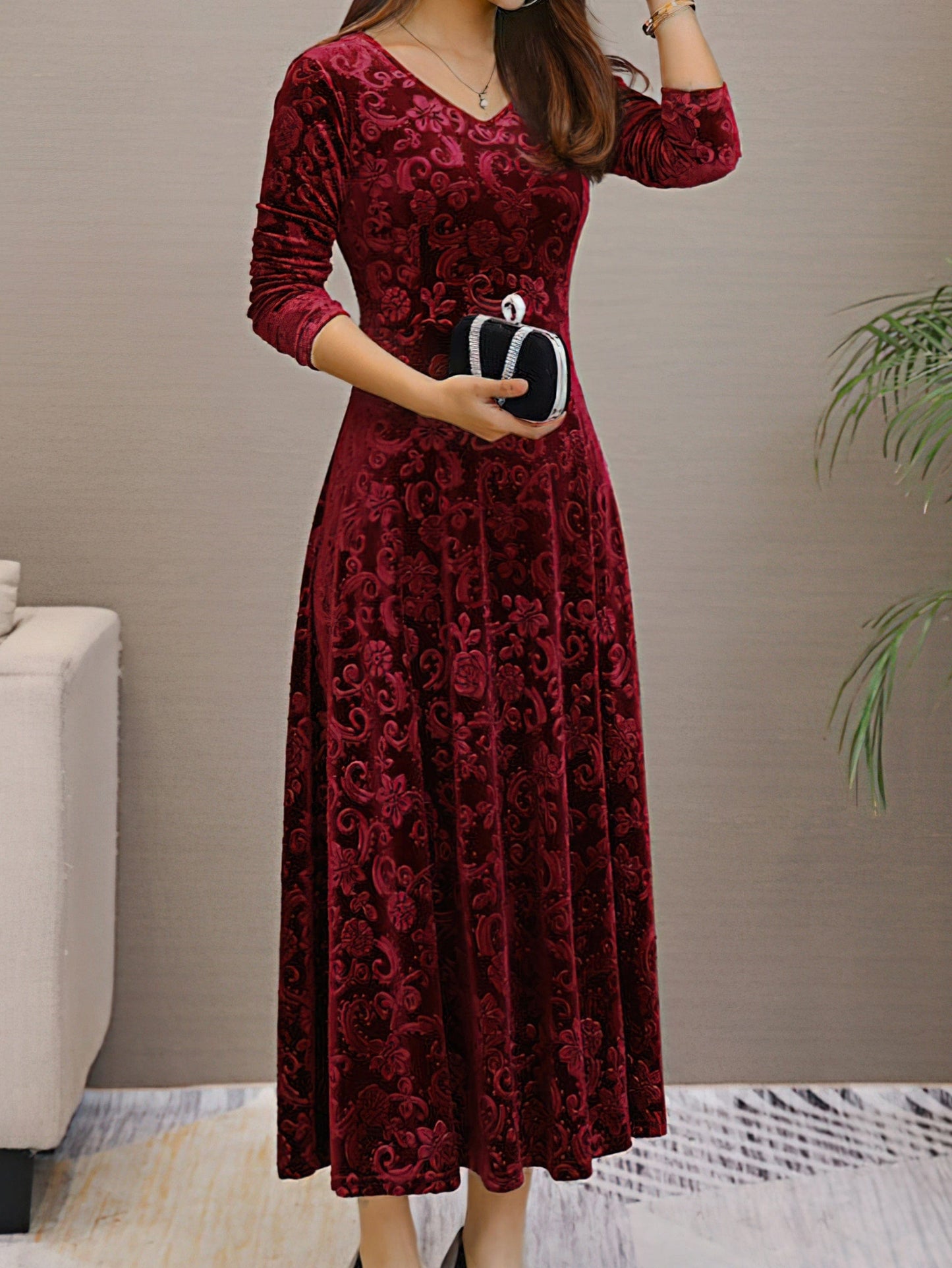 Solid Stylish V-Neck Flared Long Sleeve Maxi Dress