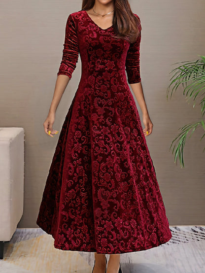 Solid Stylish V-Neck Flared Long Sleeve Maxi Dress