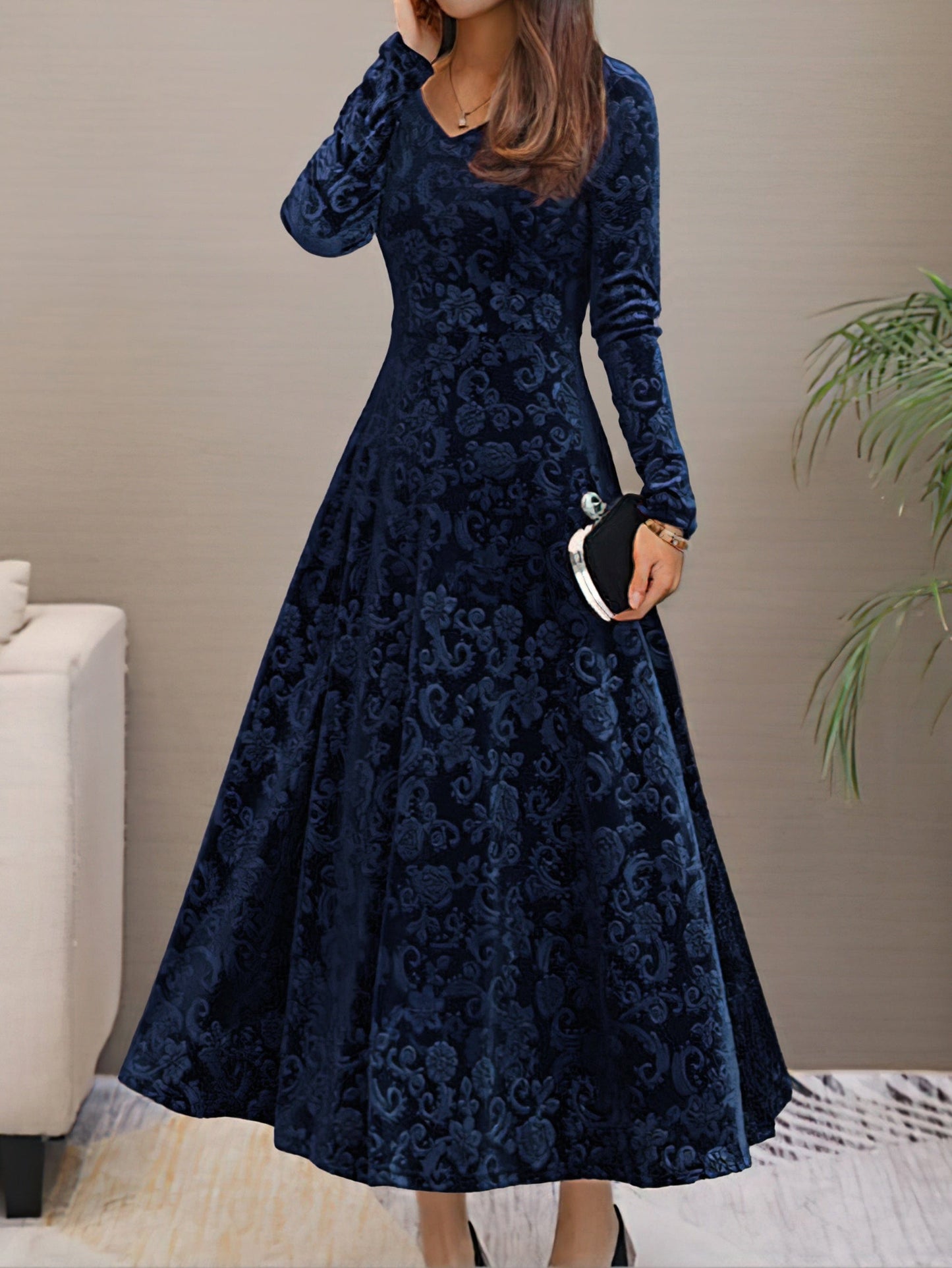 Solid Stylish V-Neck Flared Long Sleeve Maxi Dress