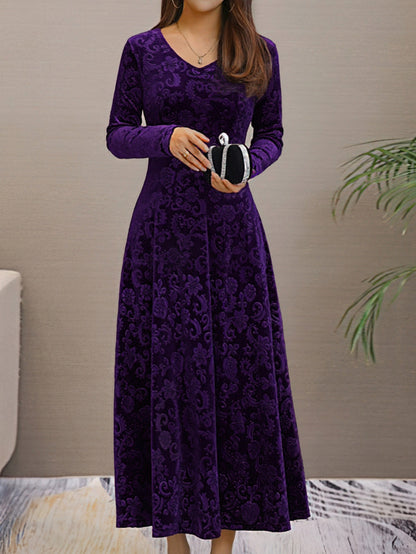 Solid Stylish V-Neck Flared Long Sleeve Maxi Dress