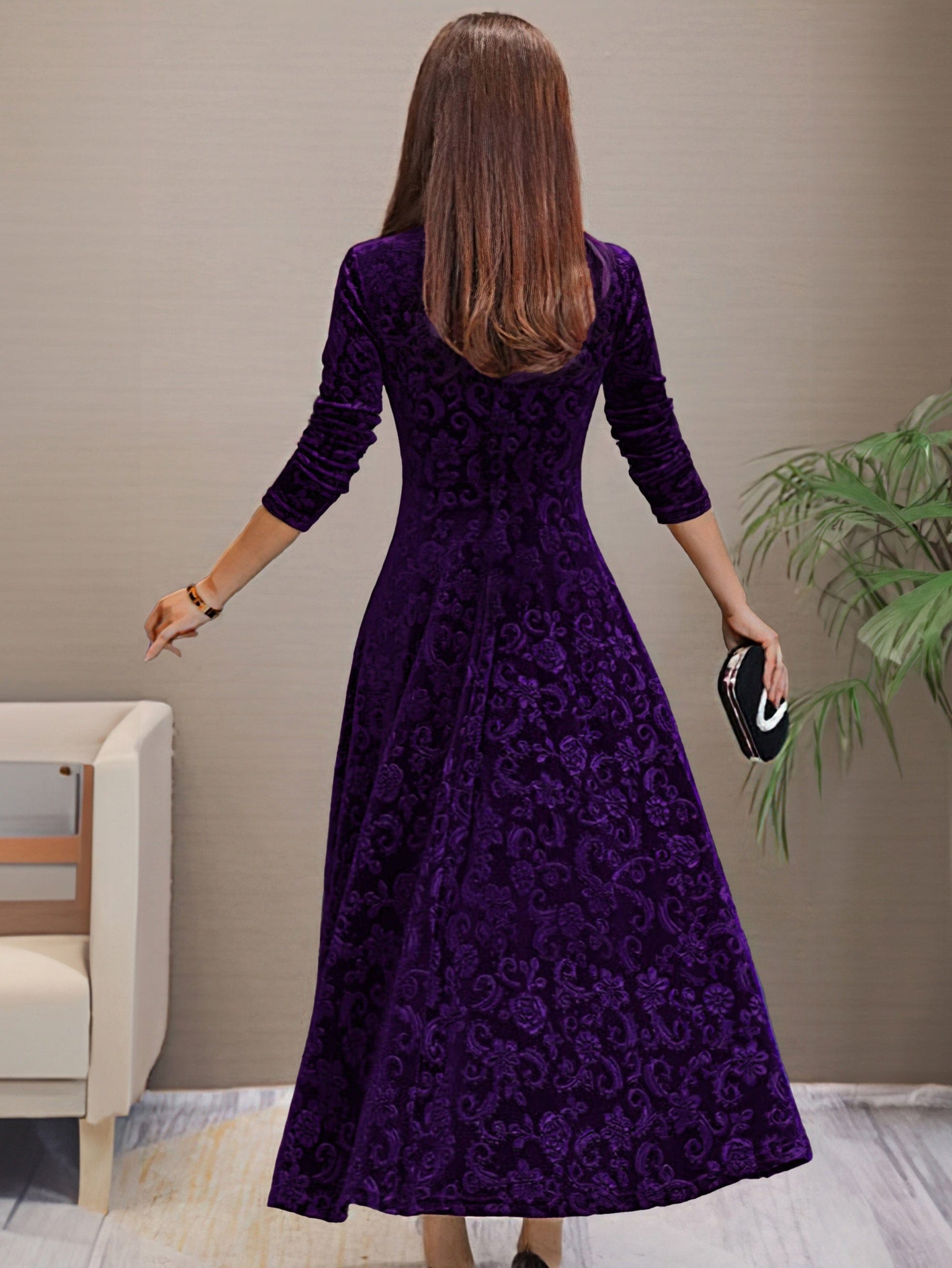 Solid Stylish V-Neck Flared Long Sleeve Maxi Dress