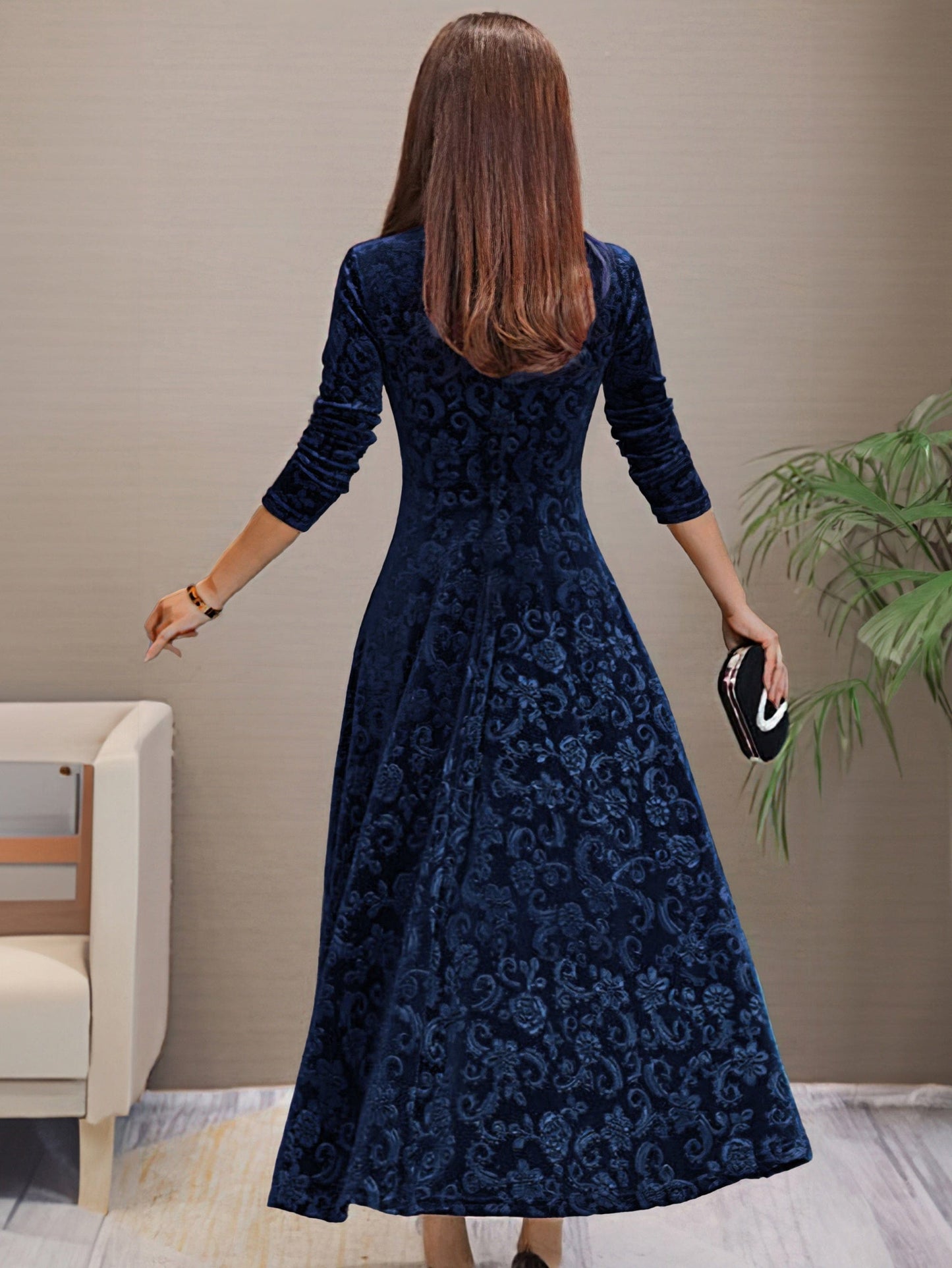 Solid Stylish V-Neck Flared Long Sleeve Maxi Dress