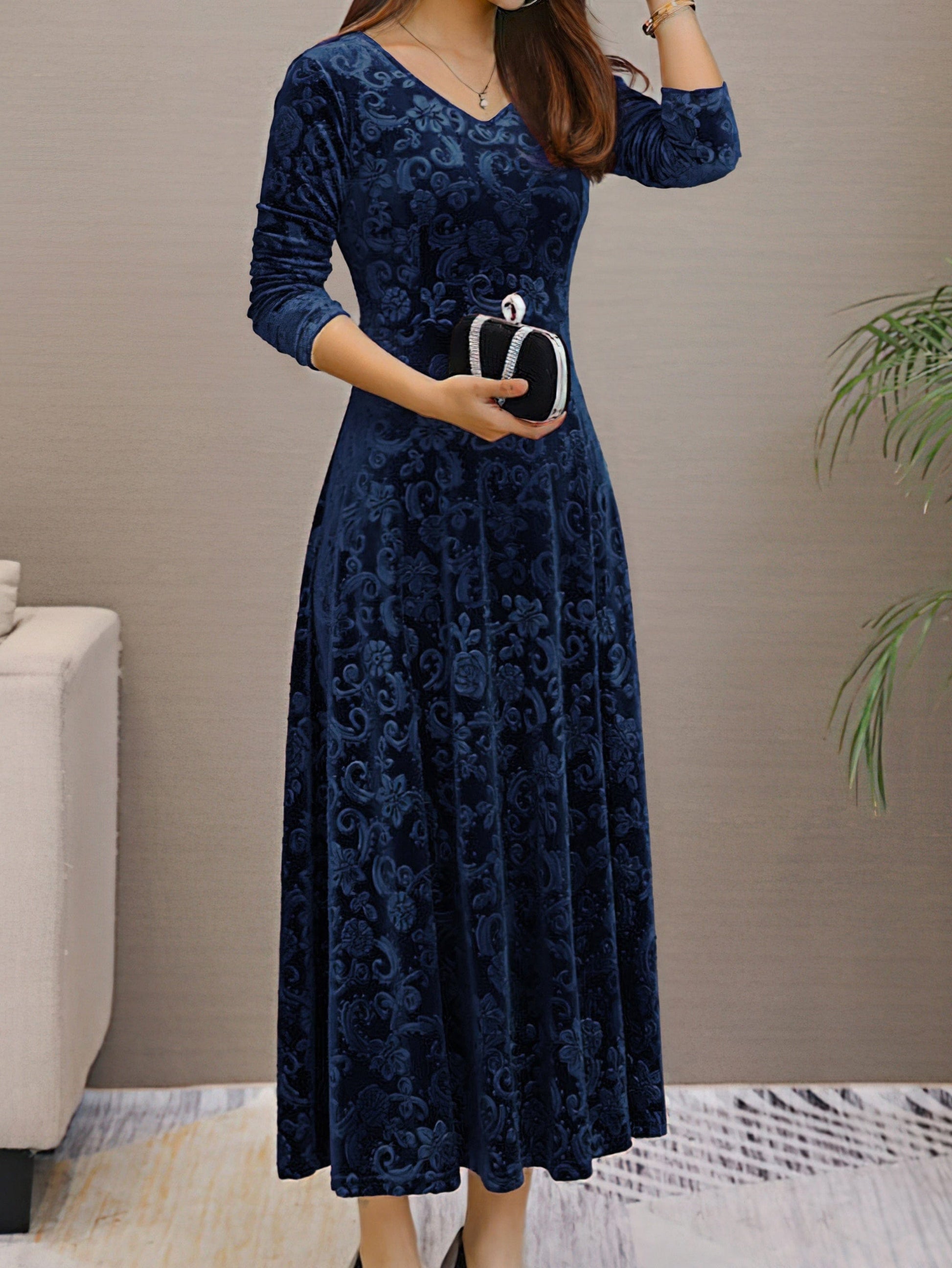 Solid Stylish V-Neck Flared Long Sleeve Maxi Dress