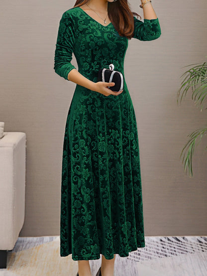 Solid Stylish V-Neck Flared Long Sleeve Maxi Dress
