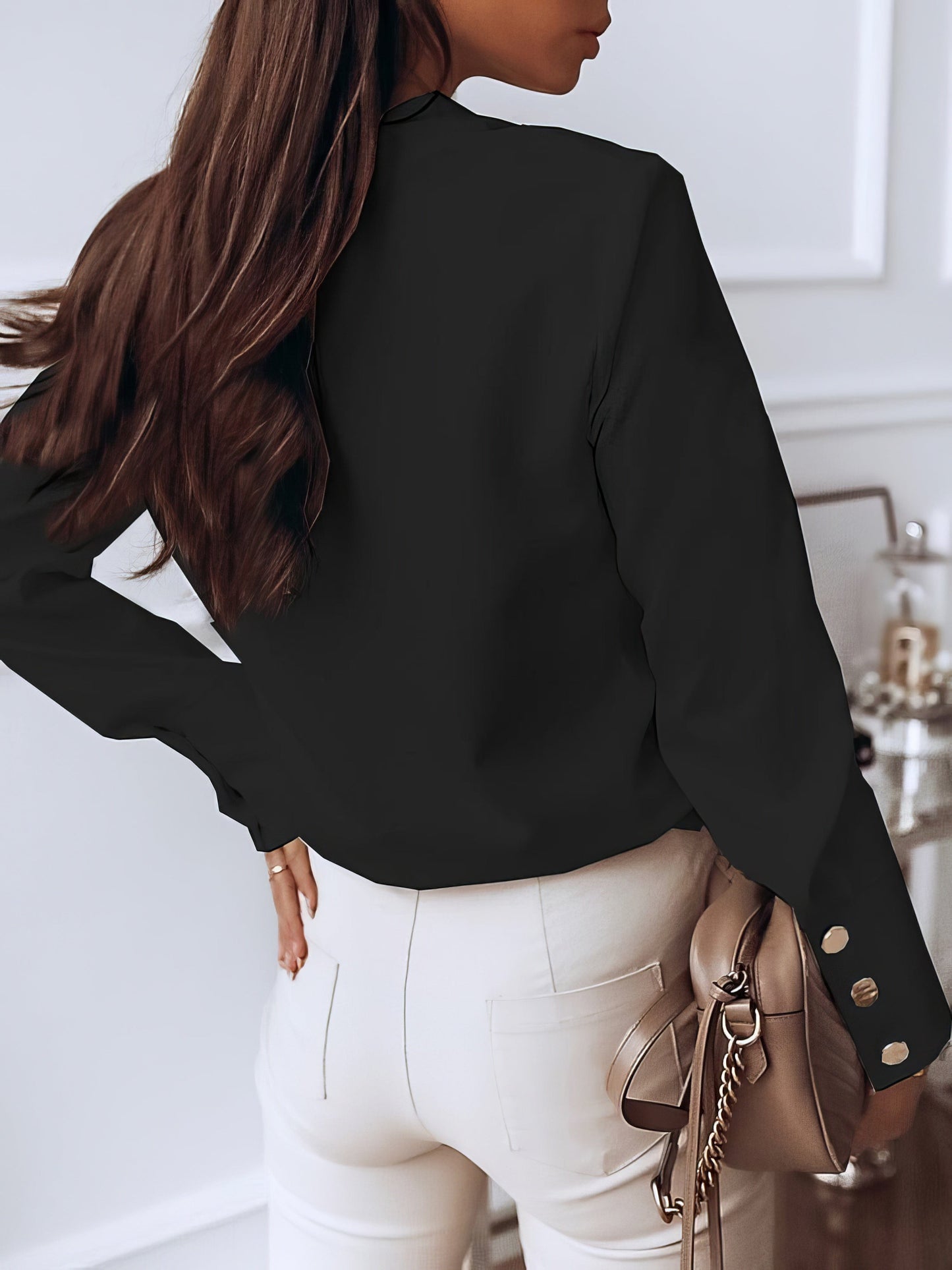 Solid V Neck Long Sleeves Metal Buttons Blouse