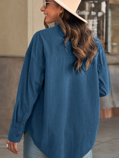 Solid V Neck Long Sleeves Metal Buttons Blouse