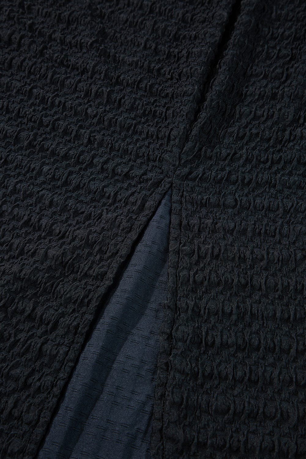 Sophisticated Black Textured Midi Dress with Twist Front Detail