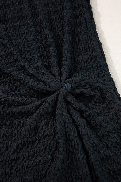 Sophisticated Black Textured Midi Dress with Twist Front Detail