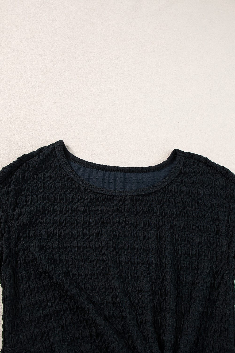 Sophisticated Black Textured Midi Dress with Twist Front Detail