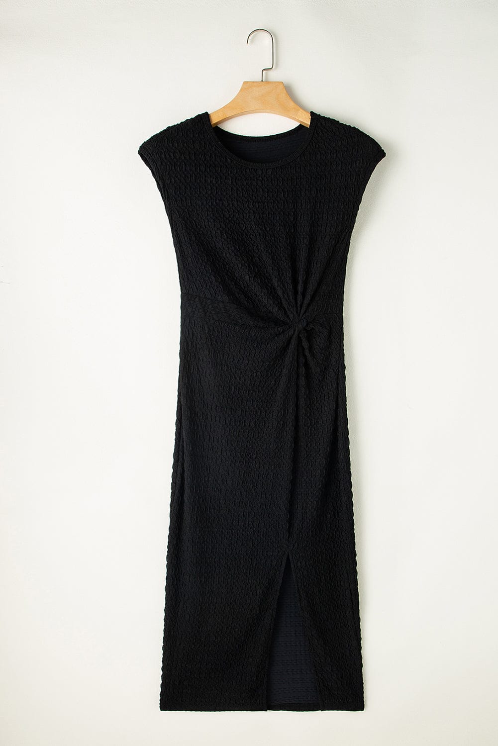Sophisticated Black Textured Midi Dress with Twist Front Detail