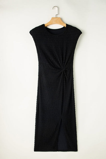 Sophisticated Black Textured Midi Dress with Twist Front Detail