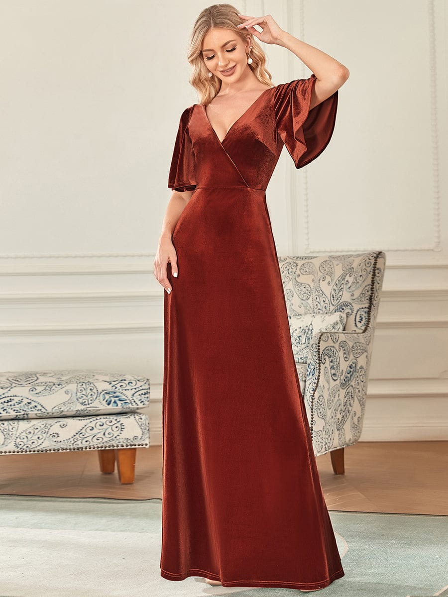 Sophisticated Brick-Red Velvet Evening Dress with Double V Neck and Ruffled Sleeves