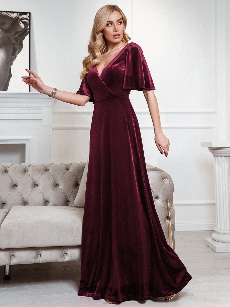 Sophisticated Brick-Red Velvet Evening Dress with Double V Neck and Ruffled Sleeves