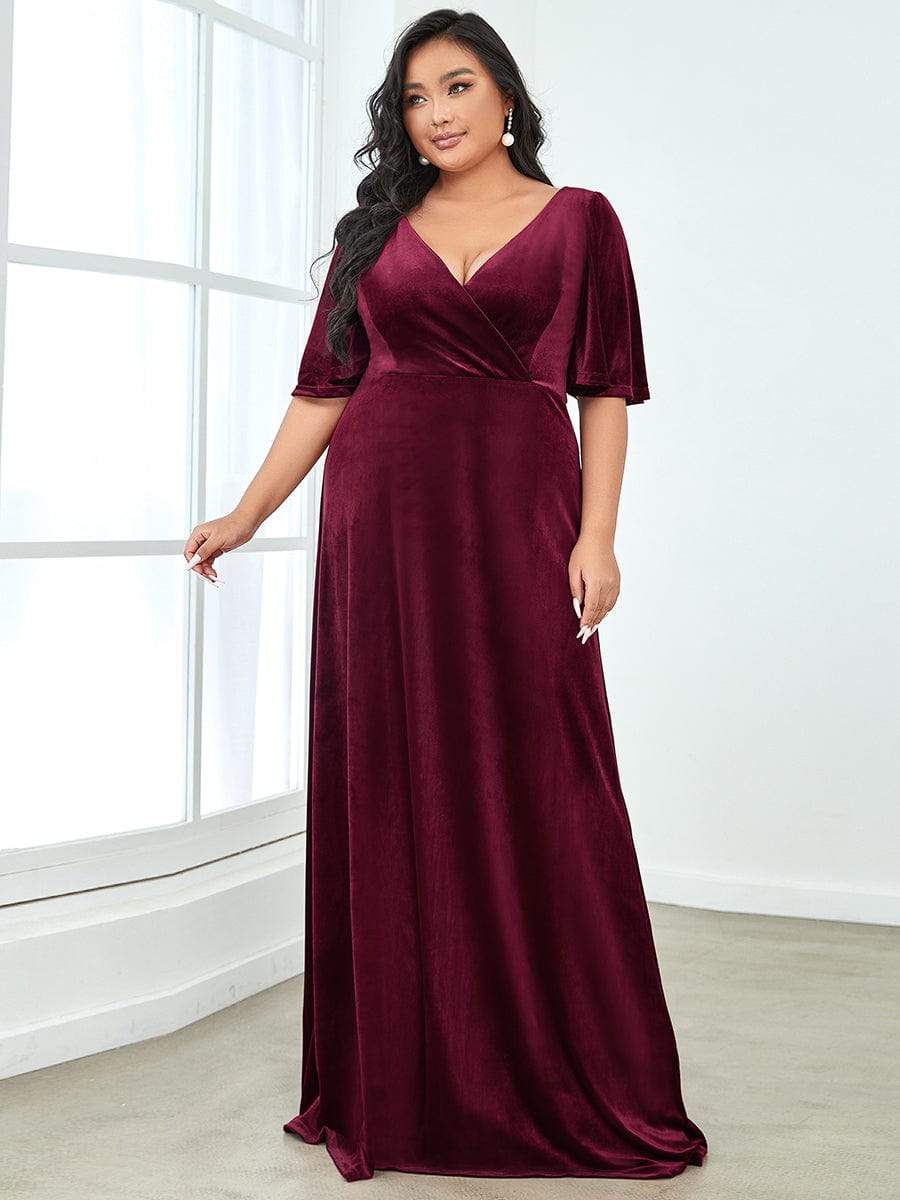 Sophisticated Brick-Red Velvet Evening Dress with Double V Neck and Ruffled Sleeves